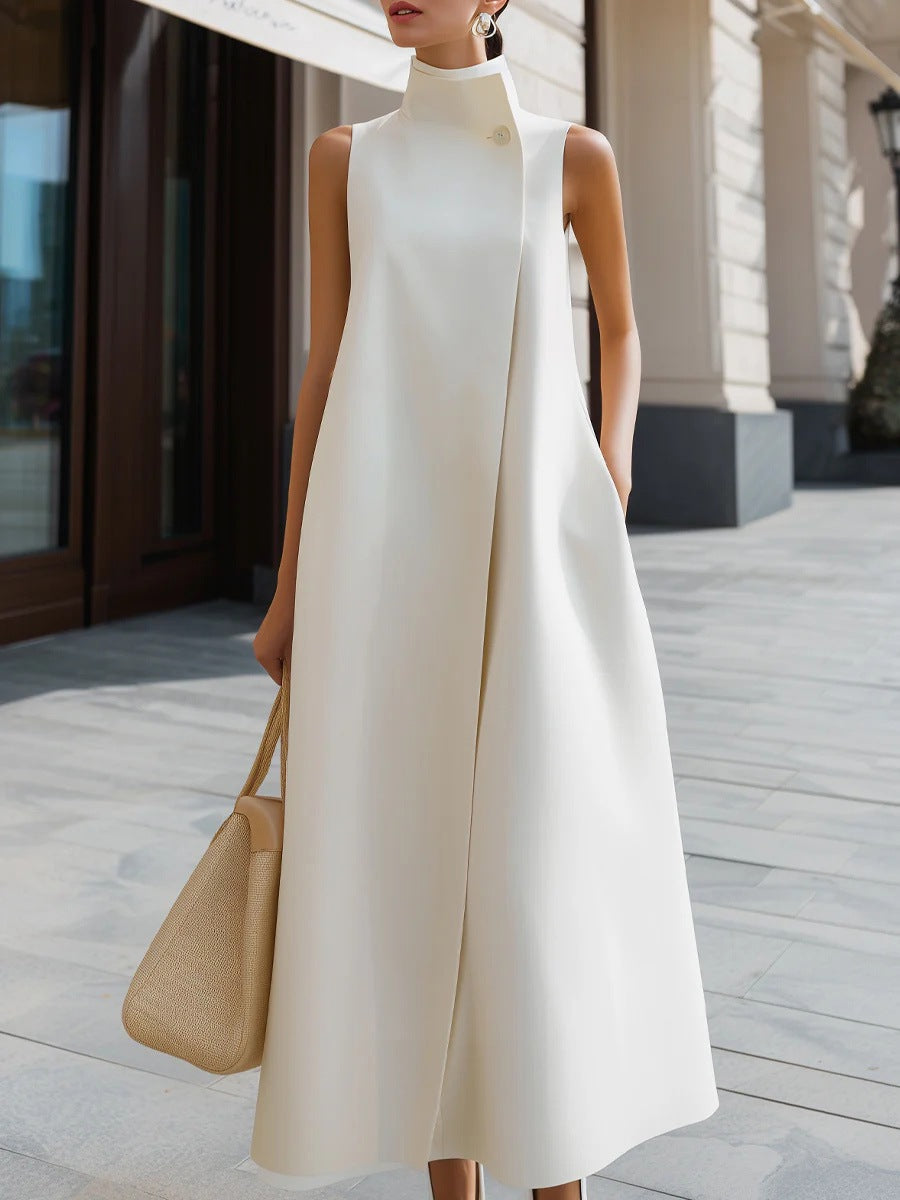 Elegant Sleeveless Long Dress with Stand Collar and Single Button Office Wear, Casual Fashion