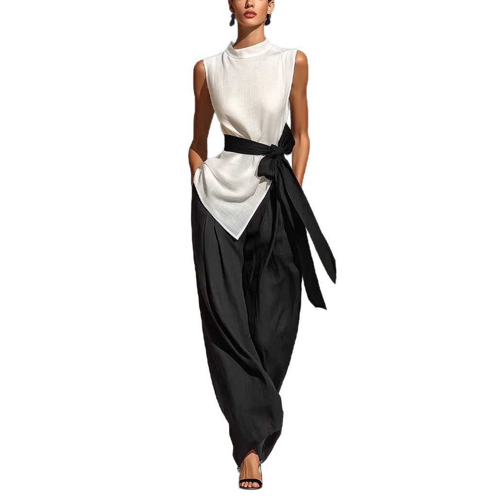 Two piece set of lace up sleeveless top and wide leg pants