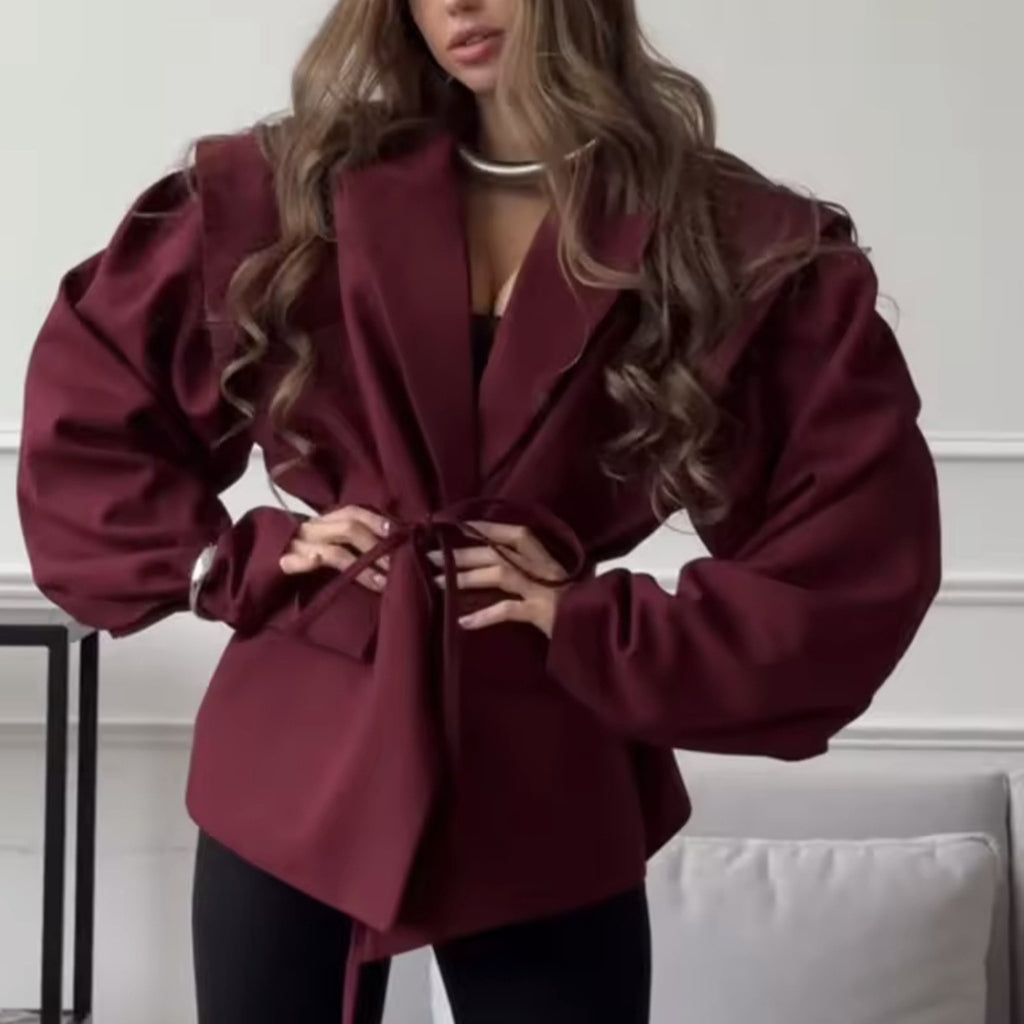 Elegant Office Wear Waist-Cinching Belted Padded Shoulder Blazer Jacket for Women