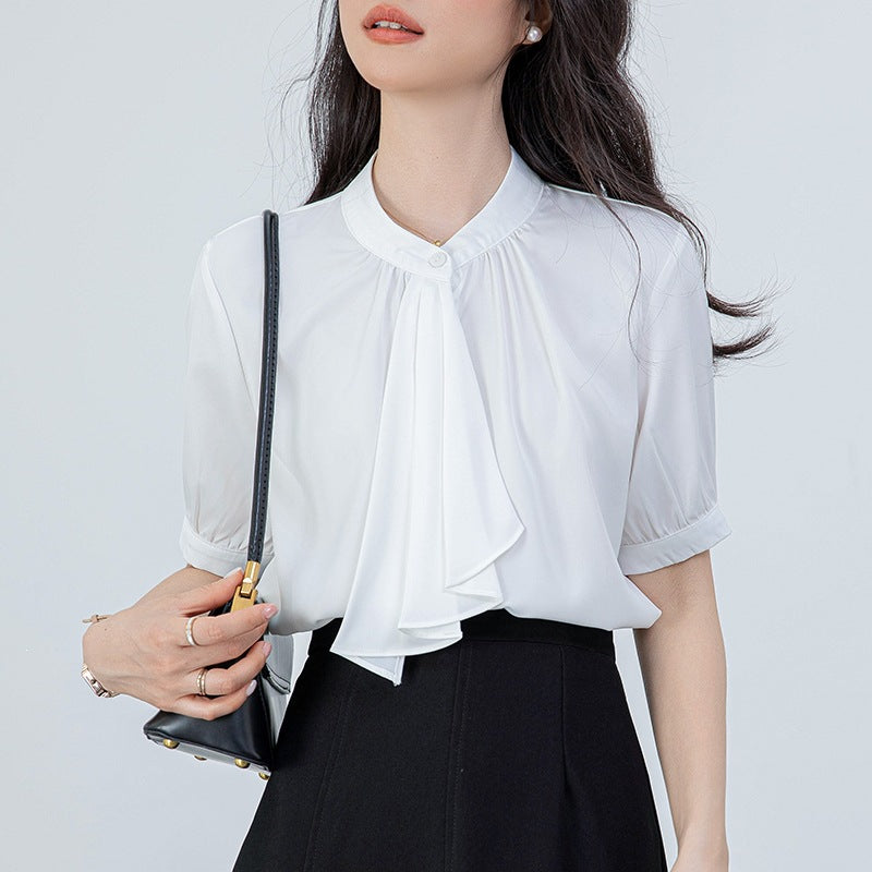 Ribbon Satin Short Sleeve White Blouse for Women, Summer, Office Wear, Formal Top