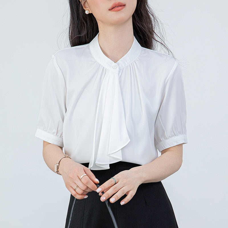 Ribbon Satin Short Sleeve White Blouse for Women, Summer, Office Wear, Formal Top