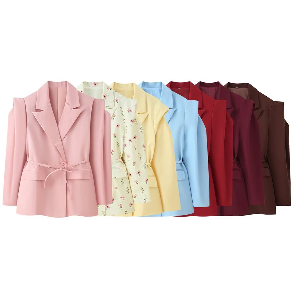 Elegant Office Wear Waist-Cinching Belted Padded Shoulder Blazer Jacket for Women