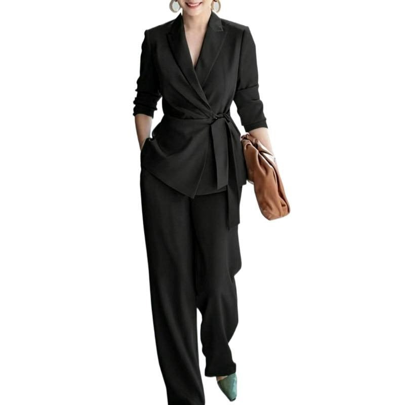 Women's casual solid color suit lace up top and pants two-piece set