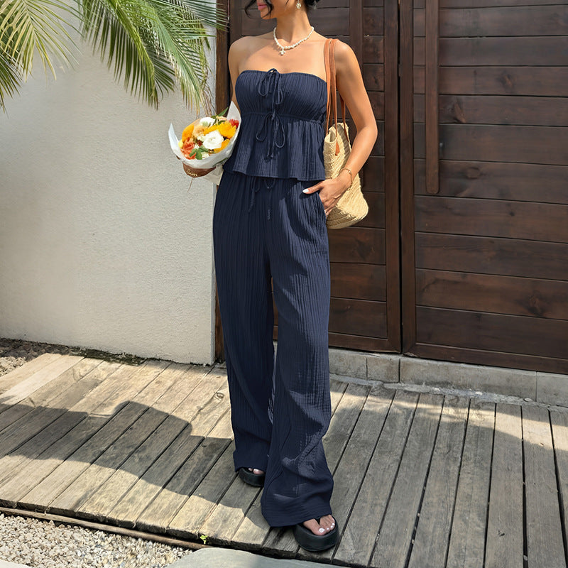 Solid color strapless ruffle vest wide leg pants set