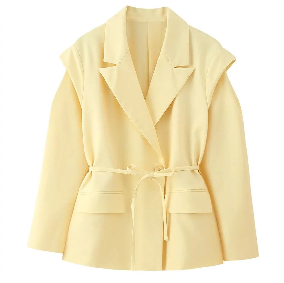 Elegant Office Wear Waist-Cinching Belted Padded Shoulder Blazer Jacket for Women
