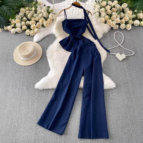 Chic Elegant Strapless Top with Pleated Slit Design  High-Waisted Wide-Leg Pants Two-Piece Set