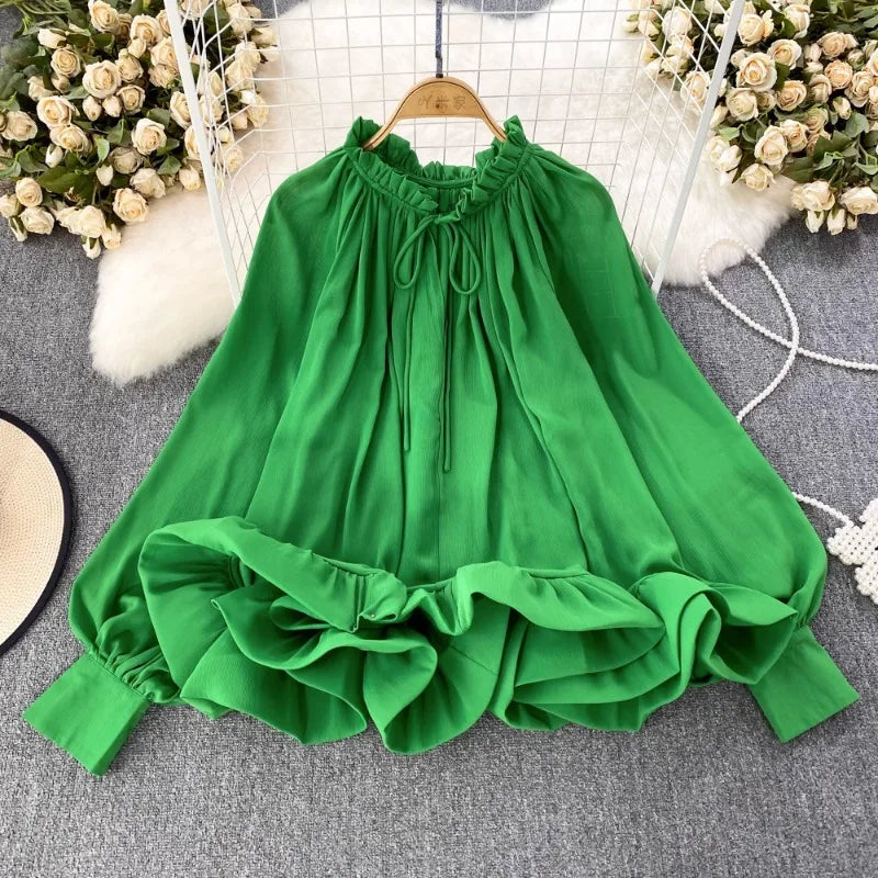 Spring Autumn O-neck Ruffles Blouses Korean Sweet Chiffon Shirts Women Sleeve Loose