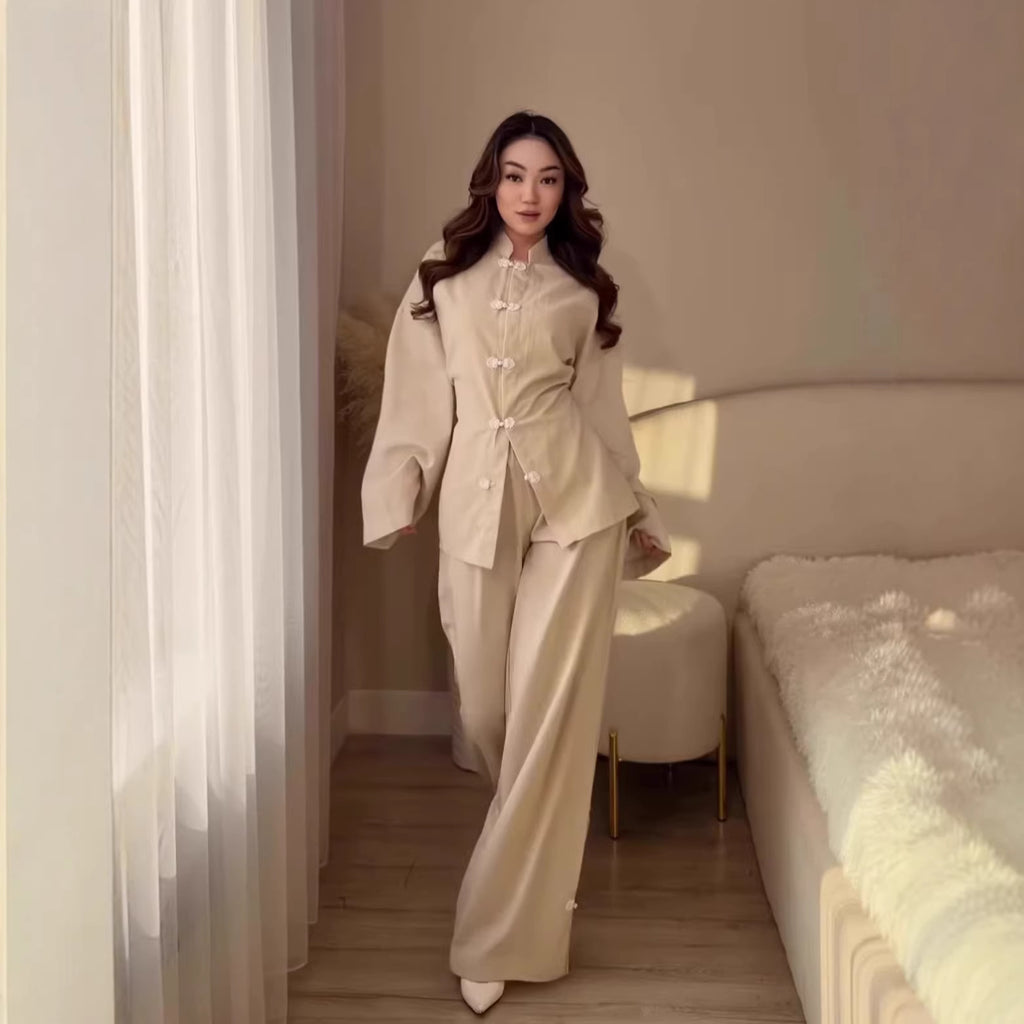 Vintage Comfortable Long Sleeve Loose Set, Simple Long Pants Casual Spring Outfit