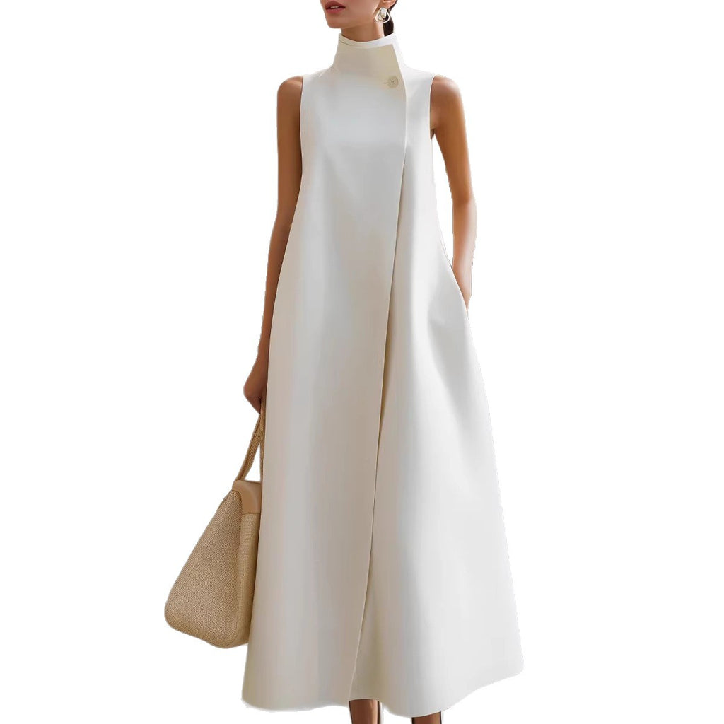 Elegant Sleeveless Long Dress with Stand Collar and Single Button Office Wear, Casual Fashion