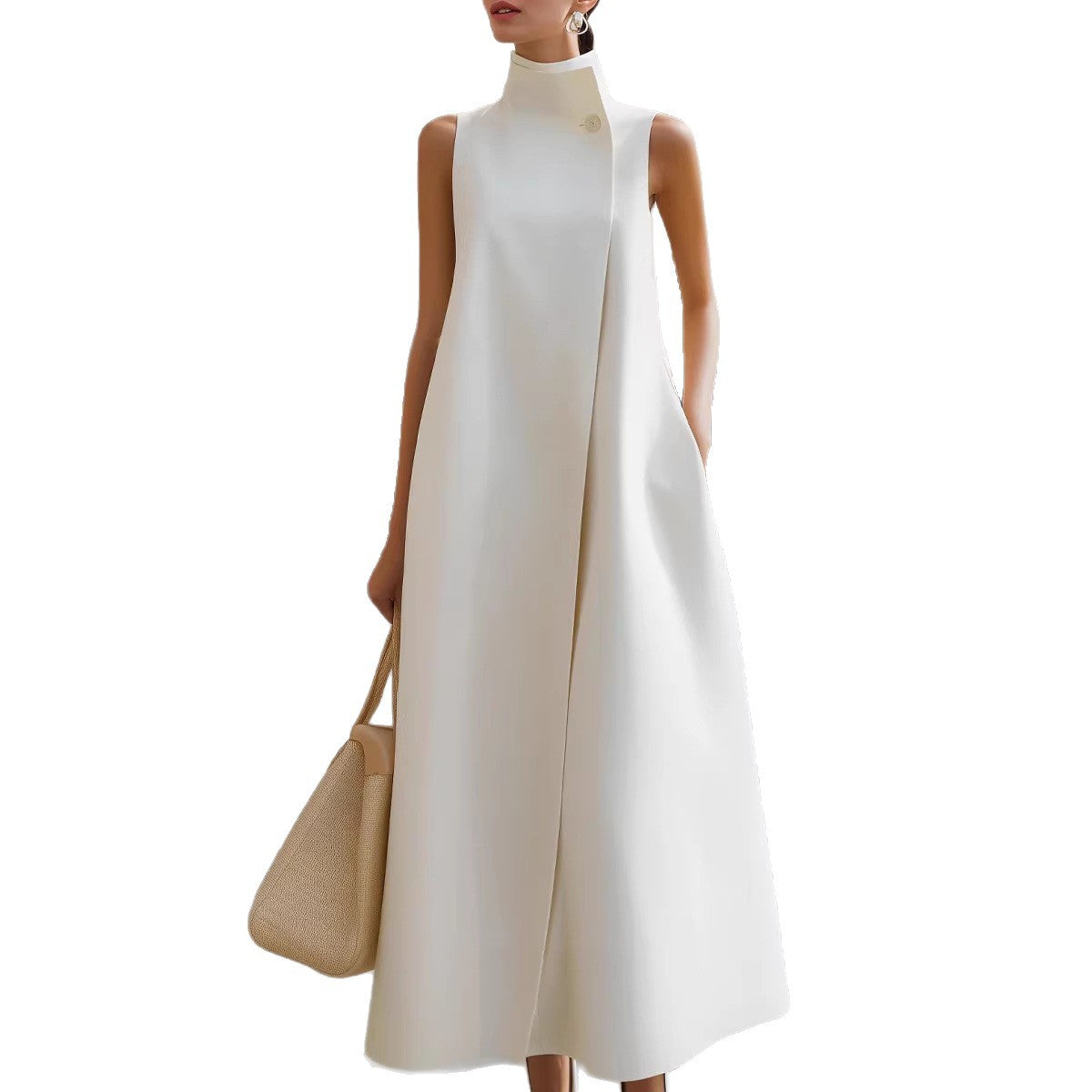 Elegant Sleeveless Long Dress with Stand Collar and Single Button Office Wear, Casual Fashion