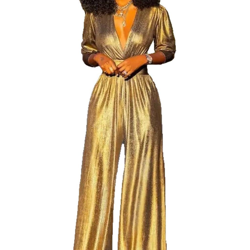 Women's autumn sexy V-neck hot stamping jumpsuit