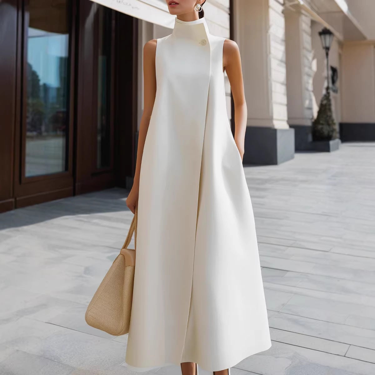 Elegant Sleeveless Long Dress with Stand Collar and Single Button Office Wear, Casual Fashion