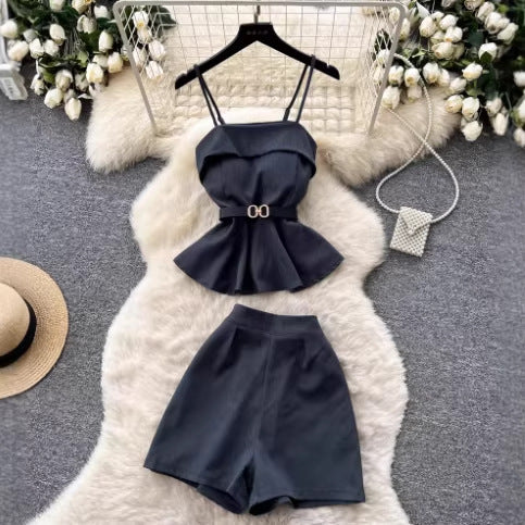 Fashion Two-Piece Set Women Summer Strap Waist-Cinching Ruffle Shorts Petite Outfit