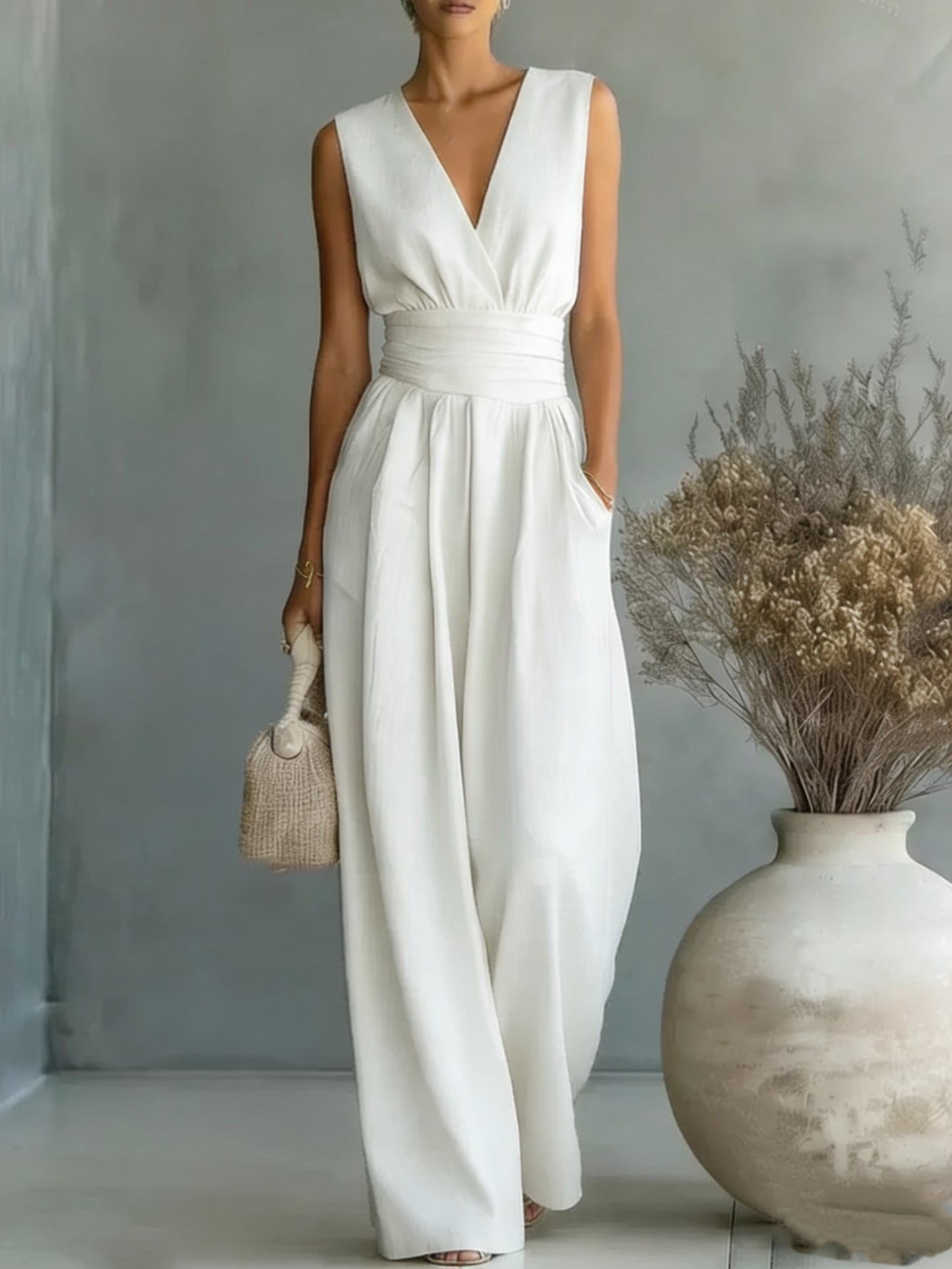 Sleeveless waist cinched V-neck women's jumpsuit