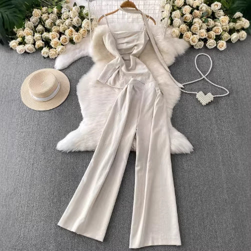 Chic Elegant Strapless Top with Pleated Slit Design  High-Waisted Wide-Leg Pants Two-Piece Set