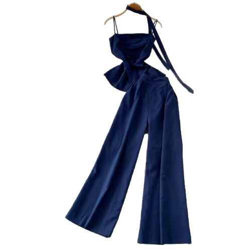 Chic Elegant Strapless Top with Pleated Slit Design  High-Waisted Wide-Leg Pants Two-Piece Set