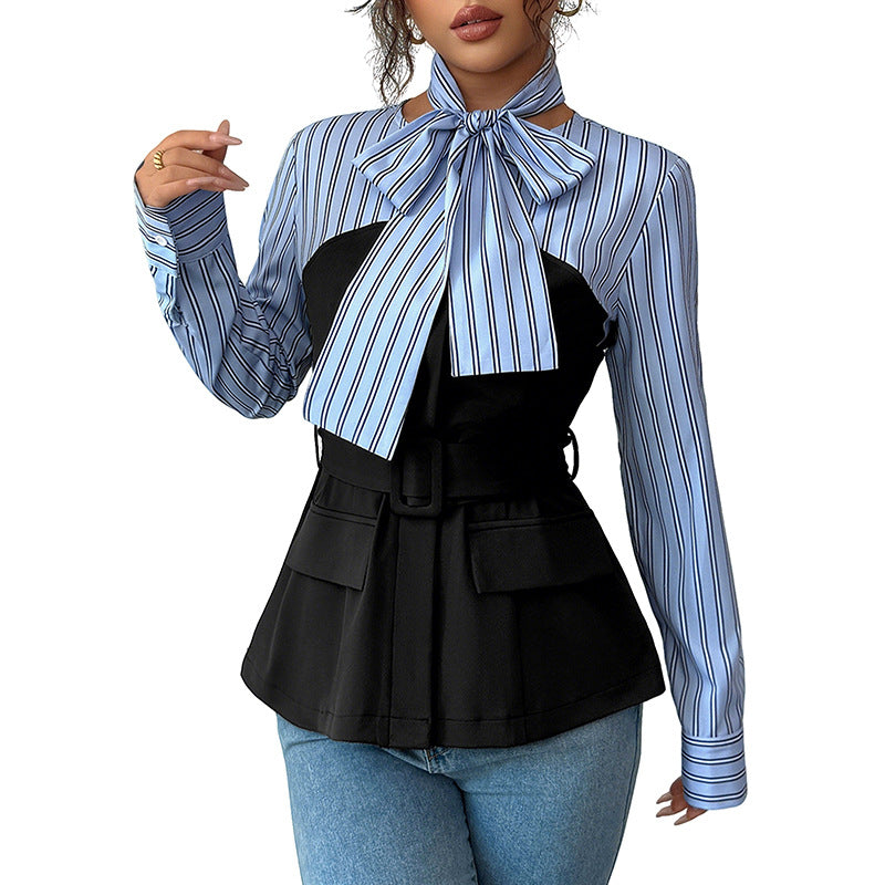 Elegant Stripe Spliced Two-Piece Look Shirt Top for Office Wear