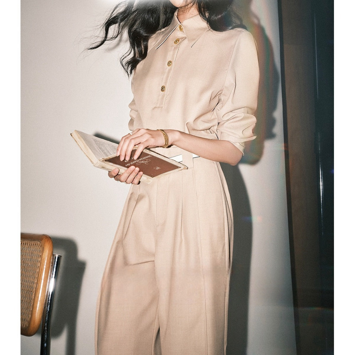 Seasonal Outfit Set, Old Money StyleTR Thick Twill Texture, Asymmetrical Bias-Cut Top Trousers Inner Layer Spring Set