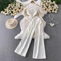 Chic Elegant Strapless Top with Pleated Slit Design  High-Waisted Wide-Leg Pants Two-Piece Set