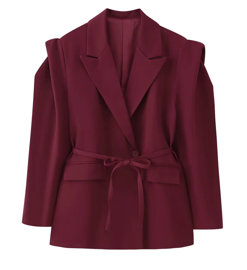 Elegant Office Wear Waist-Cinching Belted Padded Shoulder Blazer Jacket for Women