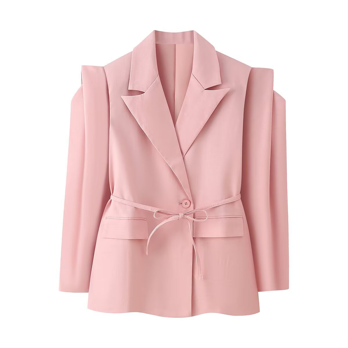 Elegant Office Wear Waist-Cinching Belted Padded Shoulder Blazer Jacket for Women