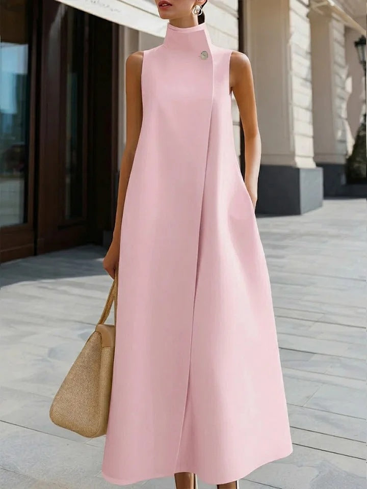 Elegant Sleeveless Long Dress with Stand Collar and Single Button Office Wear, Casual Fashion