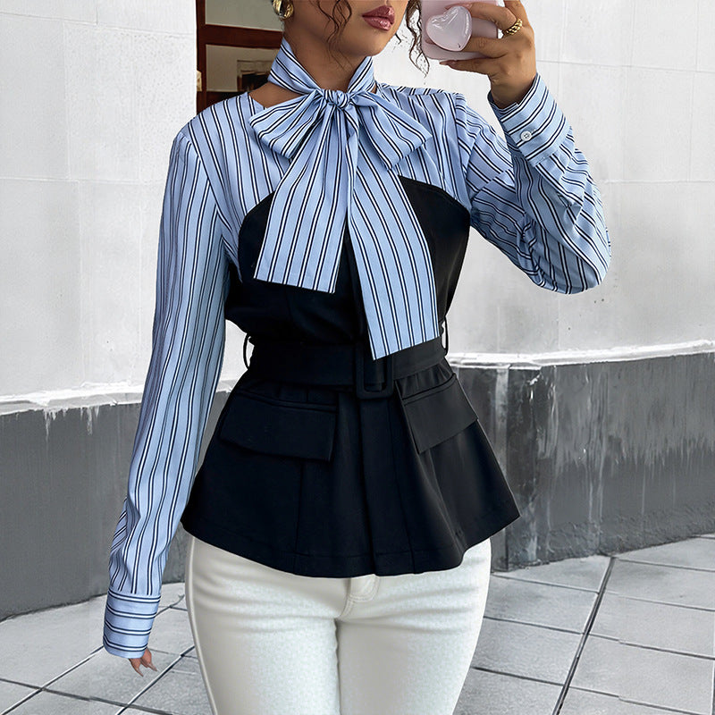 Elegant Stripe Spliced Two-Piece Look Shirt Top for Office Wear