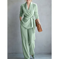Women's casual solid color suit lace up top and pants two-piece set