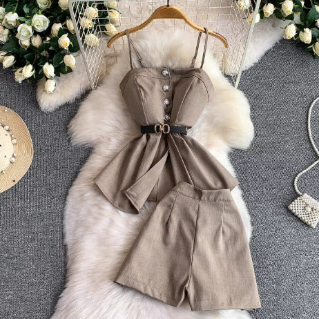 ElegantStrapless Cami with Built-in Bra + Casual High-Waisted Suit Pants Two-Piece Set