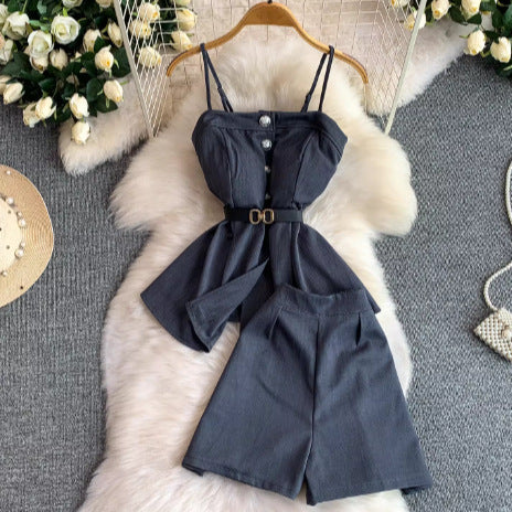 ElegantStrapless Cami with Built-in Bra + Casual High-Waisted Suit Pants Two-Piece Set