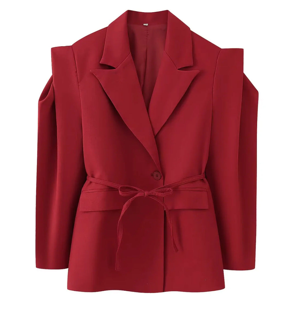 Elegant Office Wear Waist-Cinching Belted Padded Shoulder Blazer Jacket for Women