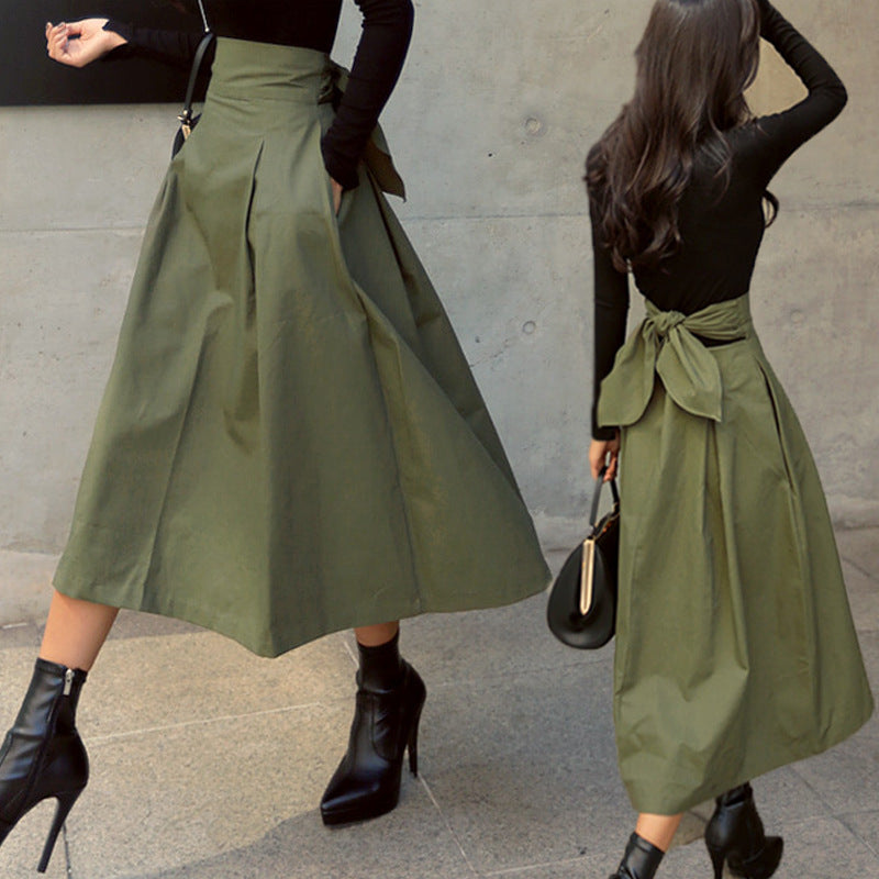 Skirts Womens Korean Fashion Solid Color Big Swing Ladies Skirt Long Skirt  Autumn Wild High Waist Bow Slim Skirts