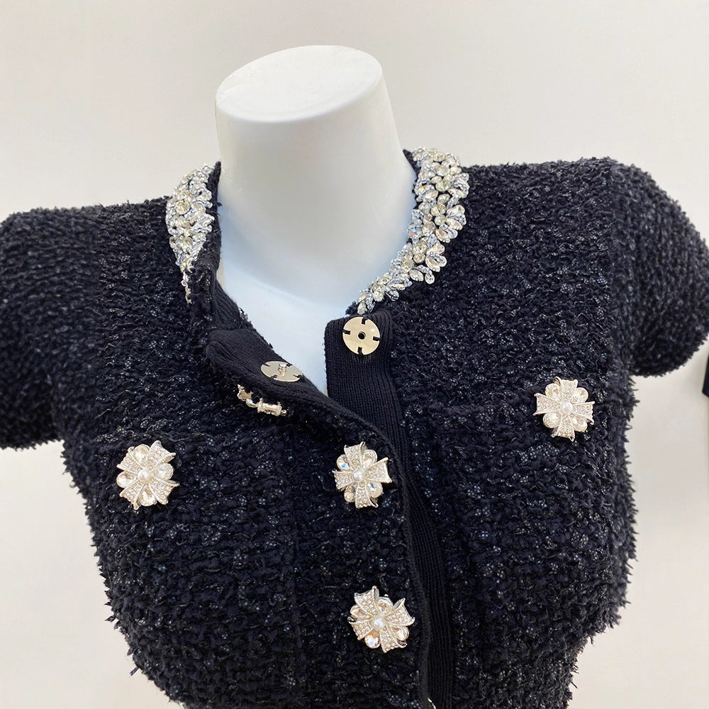 Classic Black and White Chic Knit Dress with Embellished Beading Office Wear StyleCrew Neck, Women's Fashion Dress