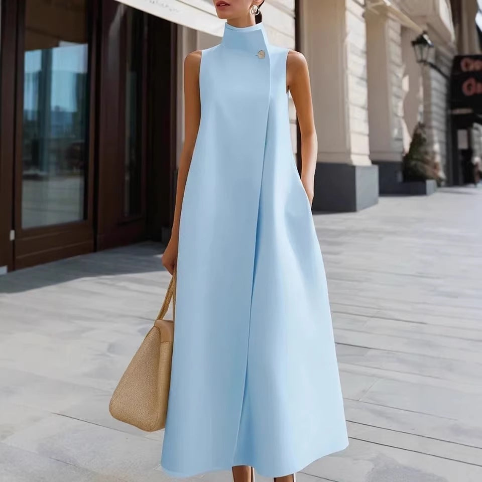 Elegant Sleeveless Long Dress with Stand Collar and Single Button Office Wear, Casual Fashion