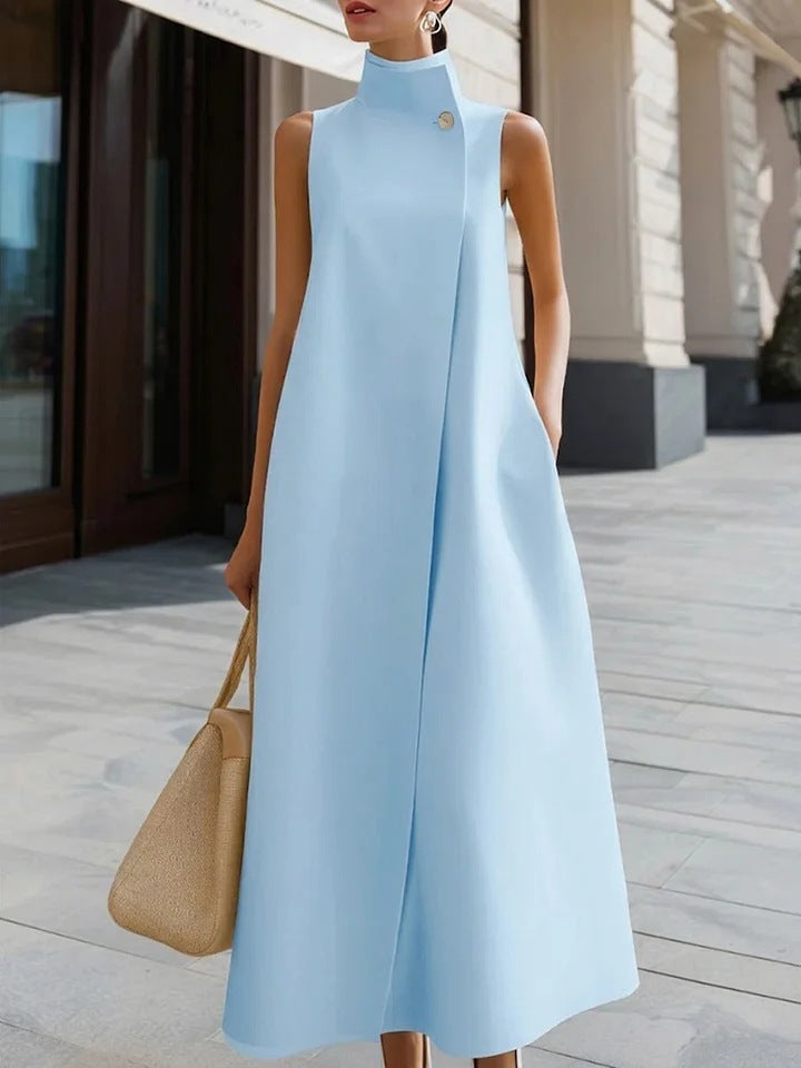 Elegant Sleeveless Long Dress with Stand Collar and Single Button Office Wear, Casual Fashion