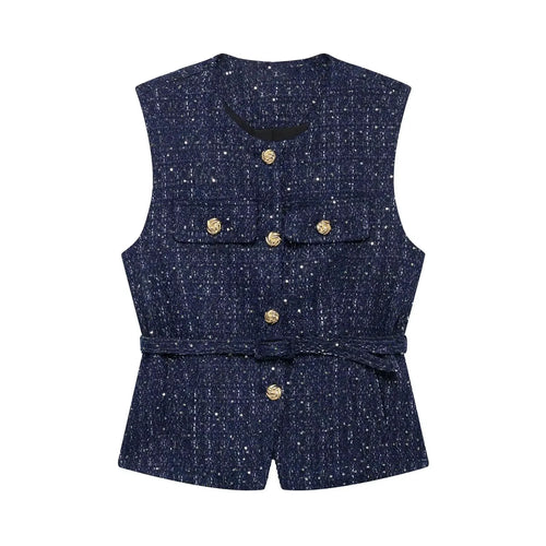 HH Women Elegant Solid Belt Vests Tops O Neck Metal Button Sleeveless