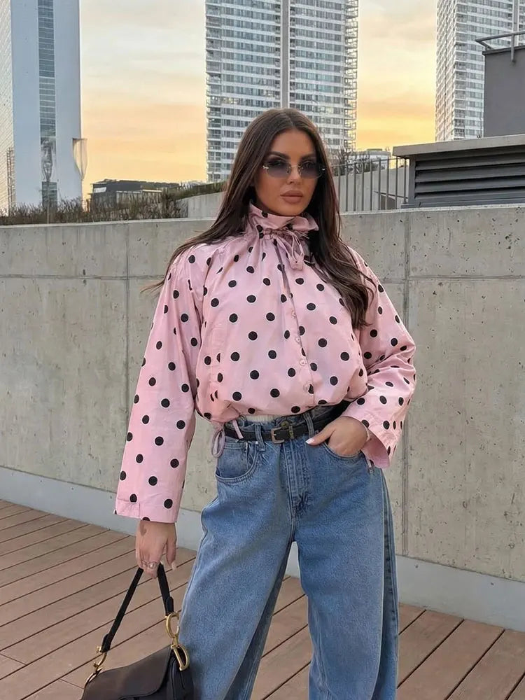 HH Women Elegant Fashion Polka Dot Pink Jacket Single Breasted High