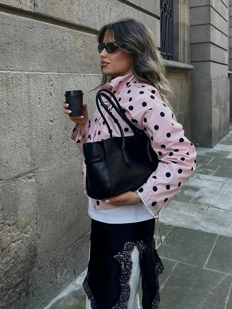HH Women Elegant Fashion Polka Dot Pink Jacket Single Breasted High