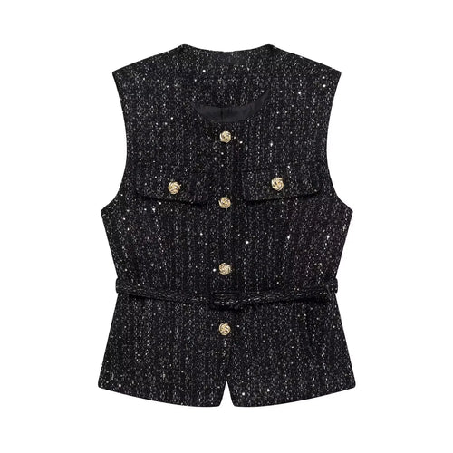 HH Women Elegant Solid Belt Vests Tops O Neck Metal Button Sleeveless