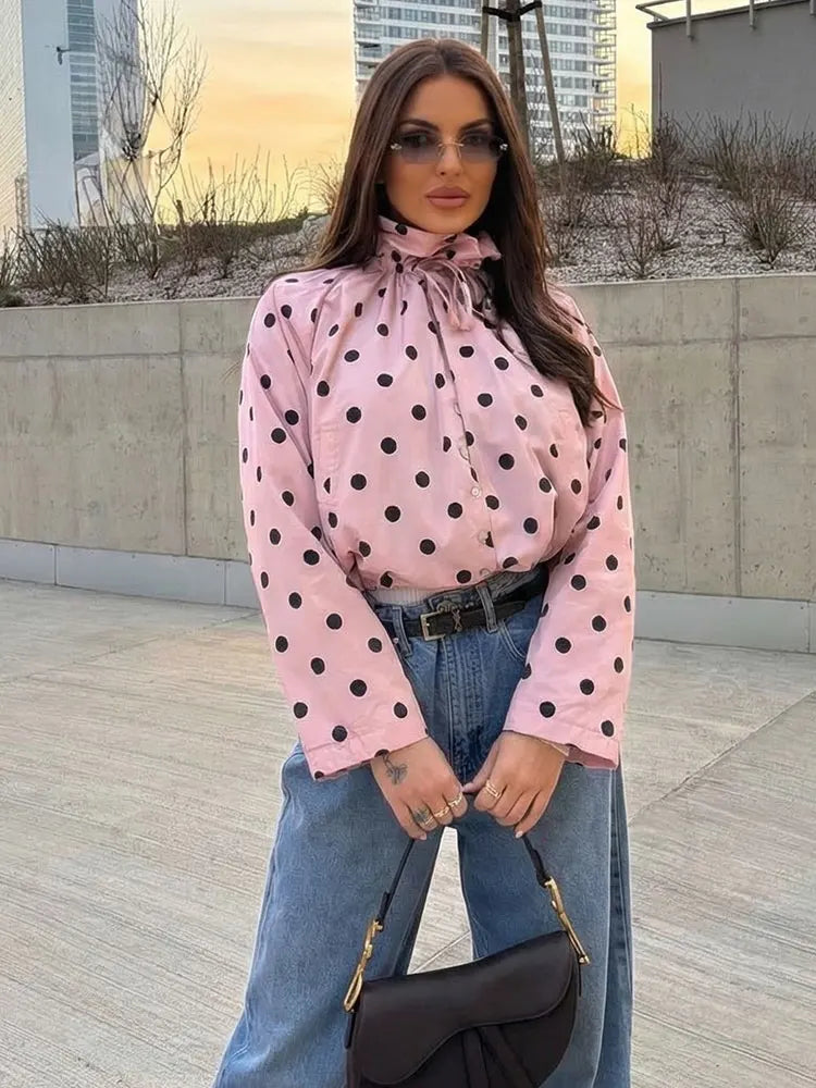 HH Women Elegant Fashion Polka Dot Pink Jacket Single Breasted High