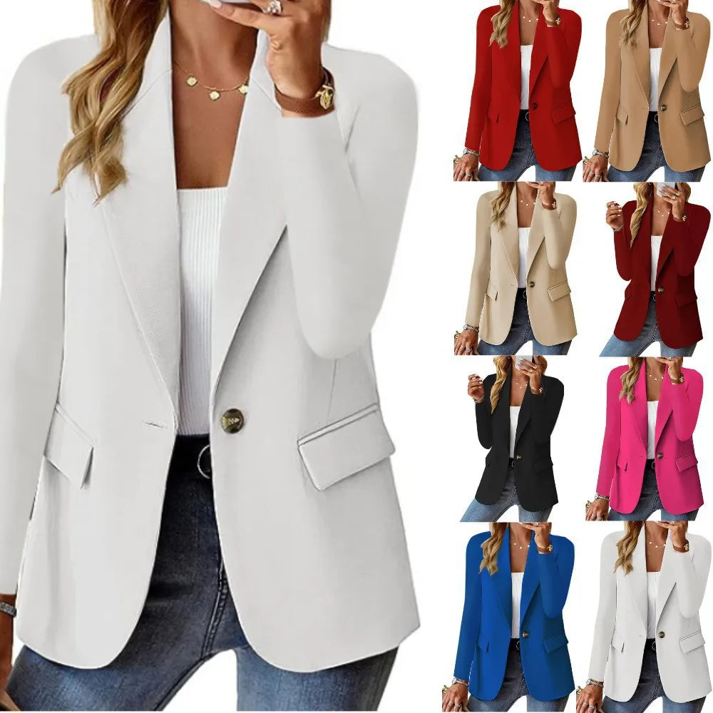 2025 New Women's Fashion Solid Button Suit Coat Lapel Long Sleeve