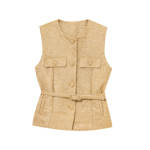 HH Women Elegant Solid Belt Vests Tops O Neck Metal Button Sleeveless