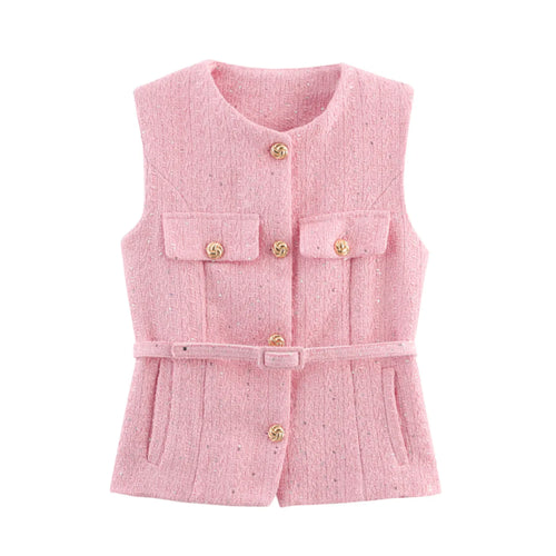 HH Women Elegant Solid Belt Vests Tops O Neck Metal Button Sleeveless