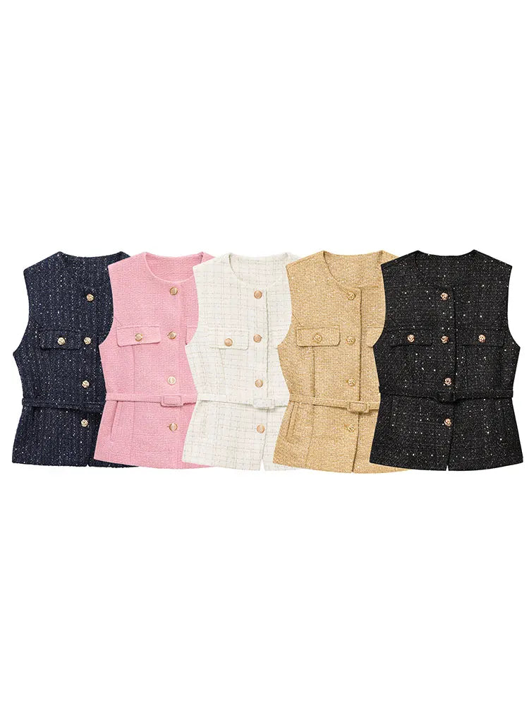 HH Women Elegant Solid Belt Vests Tops O Neck Metal Button Sleeveless