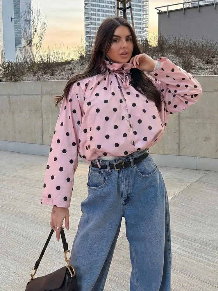 HH Women Elegant Fashion Polka Dot Pink Jacket Single Breasted High