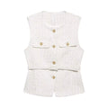 HH Women Elegant Solid Belt Vests Tops O Neck Metal Button Sleeveless