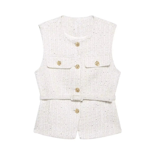 HH Women Elegant Solid Belt Vests Tops O Neck Metal Button Sleeveless