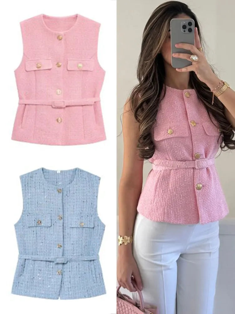 HH Women Elegant Solid Belt Vests Tops O Neck Metal Button Sleeveless