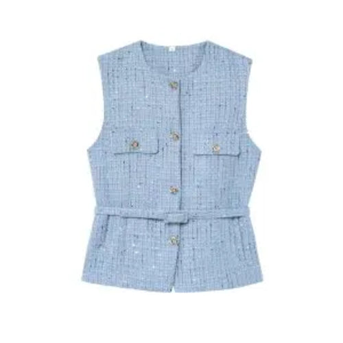 HH Women Elegant Solid Belt Vests Tops O Neck Metal Button Sleeveless